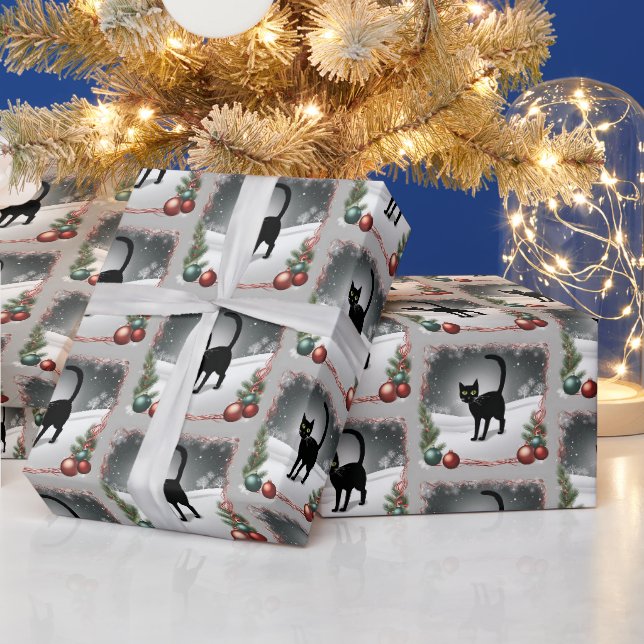 Papier Cadeau Illustration de Noël du chat noir (Vacances)