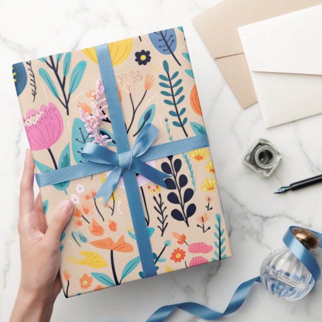 Papier Cadeau Illustration florale moderne d'art populaire simpl (Cadeaux)