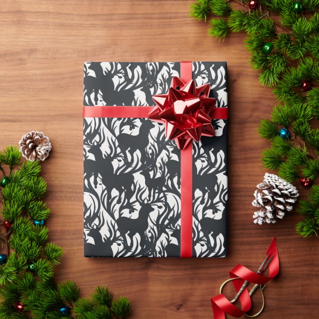 Papier Cadeau Illustration majestueuse de rennes noirs et blancs (Cadeau de vacances)