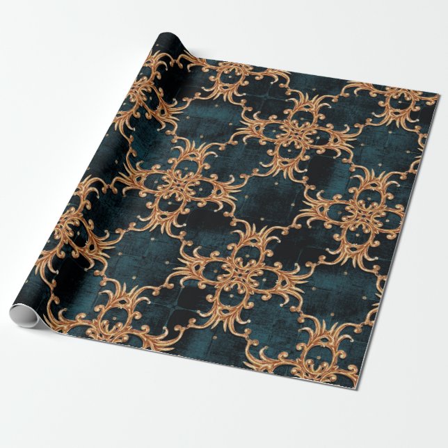 Papier Cadeau Illustration vintage baroque à fleurs dorées motif (Déroulé)