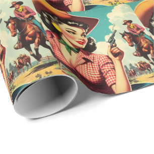 Papier Cadeau Illustration vintage Pulp Cowgirl