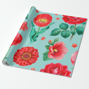 Papier Cadeau Illustrations aquarelles de fleurs rouges. Inséabl