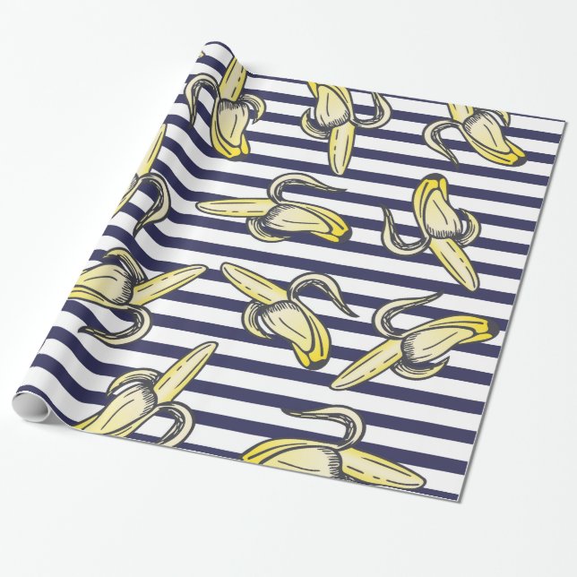 Papier Cadeau Illustrations mignonnes de banane sur des rayures (Déroulé)