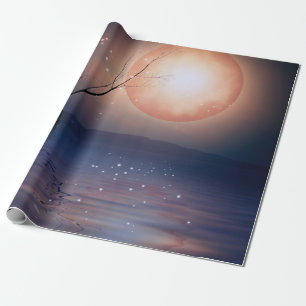 Papier Cadeau Imaginaire rose et bleu lune mousseuse au-dessus d