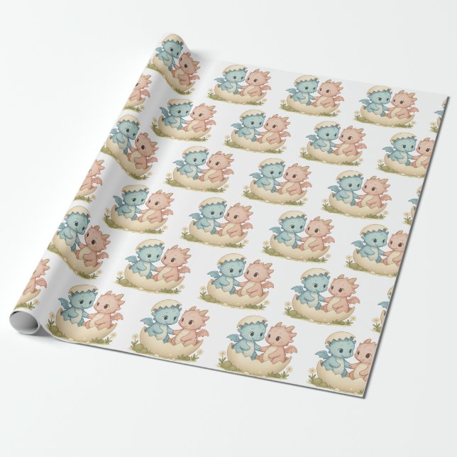 Papier Cadeau Imaginaire Twin Baby Dragons Papier à envelopper c (Déroulé)