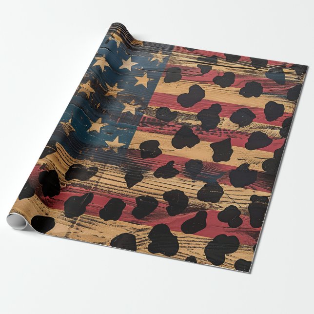 Papier Cadeau Impression drapeau américain rustique léopard (4) (Déroulé)