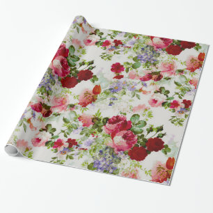 Papier Cadeau Impression florale rouge et rose vintage à la mod