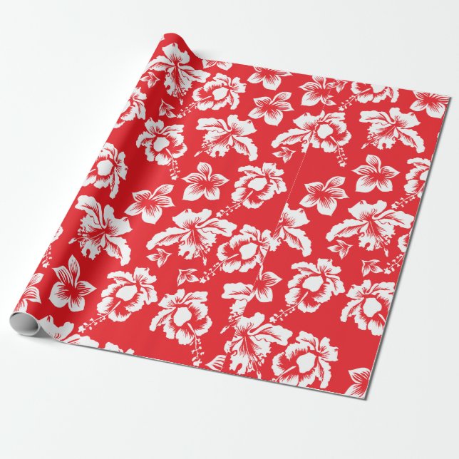 Papier Cadeau Impression florale rouge hawaïenne de ketmie (Déroulé)