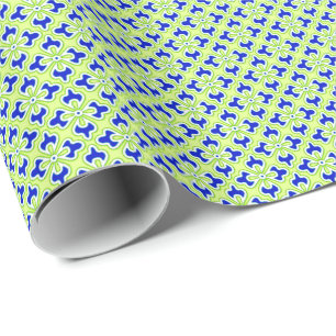 Papier Cadeau Impression kimono floral, bleu cobalt et vert citr