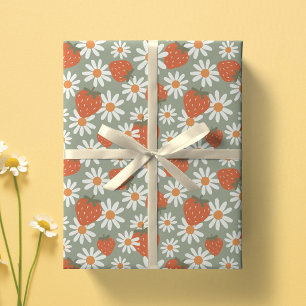 Papier Cadeau Imprimé groovy daisy fraise Été printemps sauge