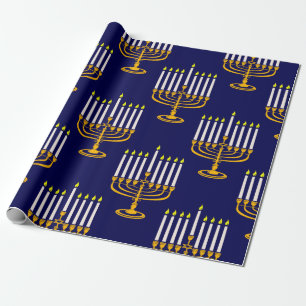 Papier Cadeau imprimé juif en bleu menorah hanoukka