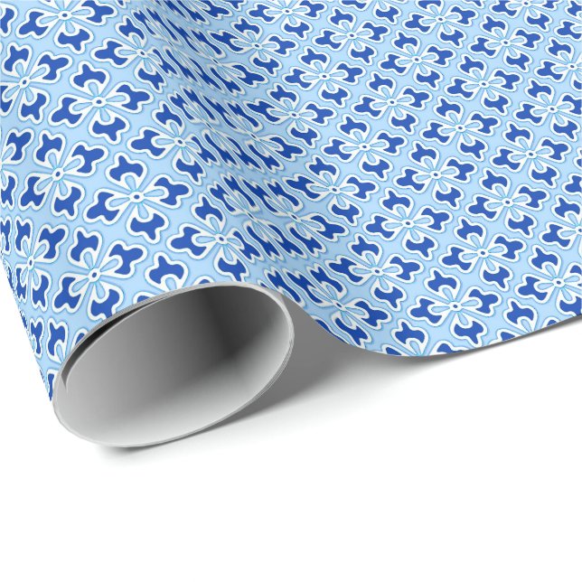 Papier Cadeau imprimé kimono floral, indigo et bleu pastel (Coin rond)