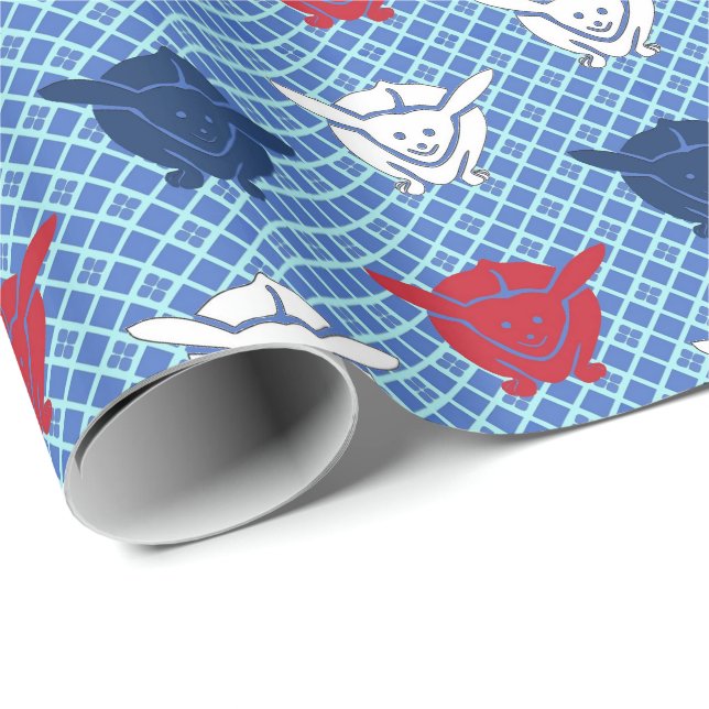 Papier Cadeau imprimé lapin japonais, bleu avec rouge et blanc (Coin rond)