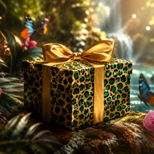 Papier Cadeau Imprimé léopard glamour or et sarcelle