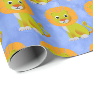 Papier Cadeau Imprimé vintage de bébé lion mignon bleu