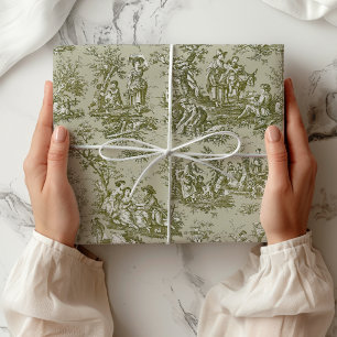 Papier Cadeau Imprimé vintage vert gris toile de jouy