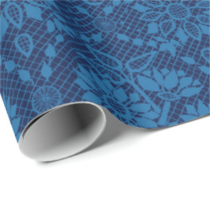 Papier Cadeau Indigo Blue Floral Faux Lace Motif