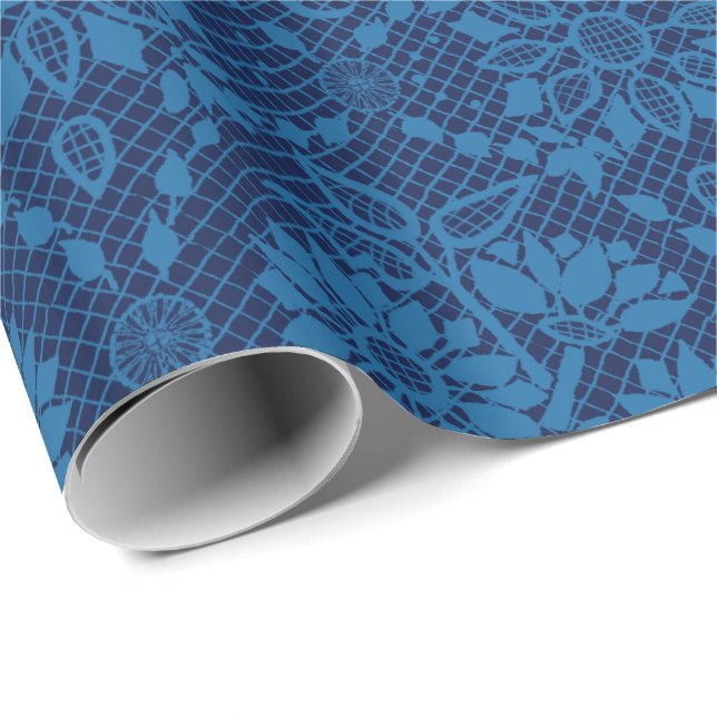 Papier Cadeau Indigo Blue Floral Faux Lace Motif (Coin rond)