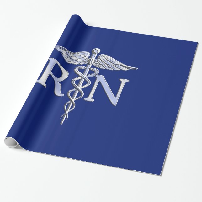 Papier Cadeau Infirmière inscrite RN Silver Caduceus Navy Blue d (Déroulé)