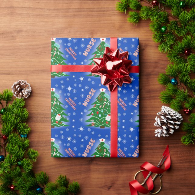Papier Cadeau Infirmière Joyeux Arbre de Noël Arrière - plan ble (Cadeau de vacances)