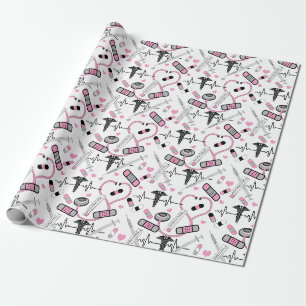 Papier Cadeau Infirmière stéthoscope rose mou  Motif Dr EKG
