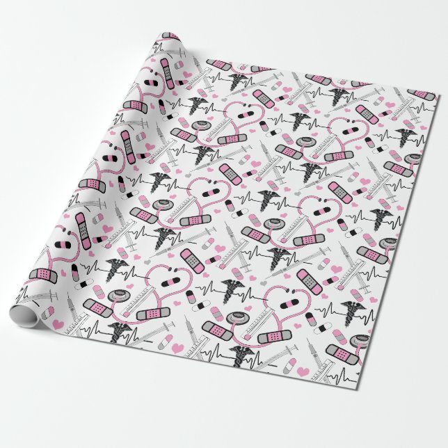 Papier Cadeau Infirmière stéthoscope rose mou| Motif Dr EKG (Déroulé)