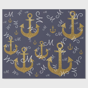 Papier Cadeau initial M personnalisé - ancres dorées nautique