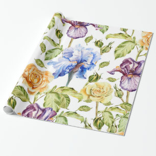 Papier Cadeau Iris et rose aquarelle motif floral
