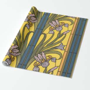 Papier Cadeau Iris Fleur Art Nouveau Vitrail Bleu Or