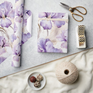 Papier Cadeau Iris Fleuris Crème Violette Romantique pour Mariag
