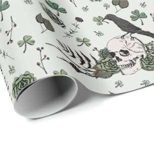 Papier Cadeau Irlandais St. Patricks Day Skuls et Clovers Floral