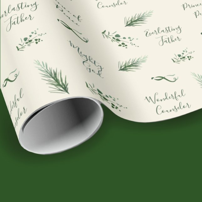 Papier Cadeau Isiah 9:6 | Pine Tirée À La Main Sage Personnalisé (Isaiah 9:6 scripture verse in modern elegant sage script. Hand drawn pine bows and berries Christmas)