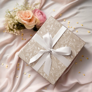 Papier Cadeau Ivoire Crème Feuilles Motif Floral sur Brun Taupe