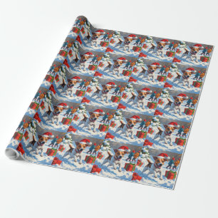 Papier Cadeau Jack Russell courant dans la neige avec un chapeau