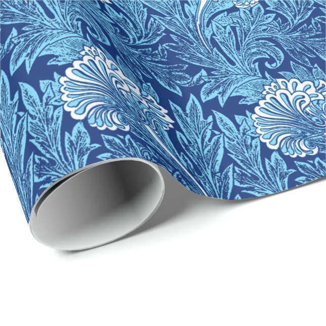 Papier Cadeau Jacobean Flower Damask, Navy, Sky Blue et White (Coin rond)