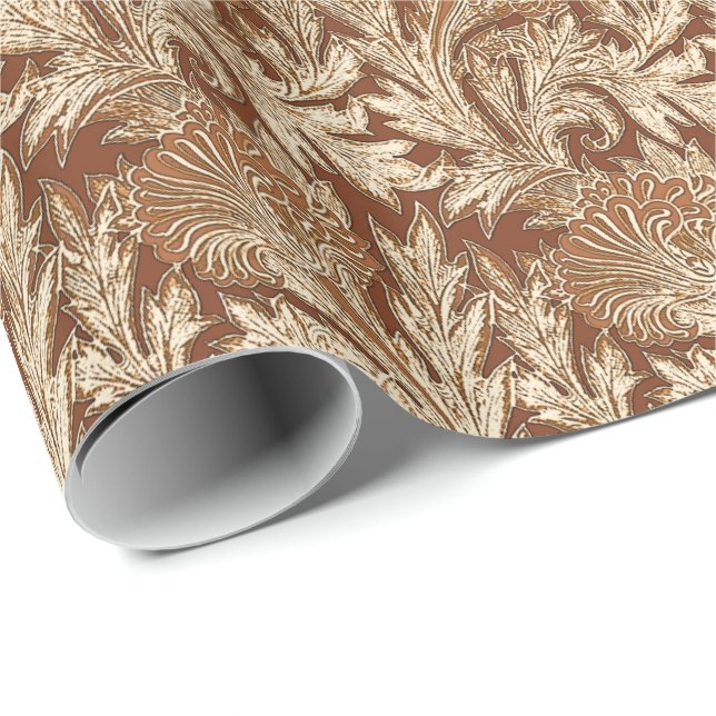 Papier Cadeau Jacobean Flower Damask, Taupe Tan et Crème (Coin rond)