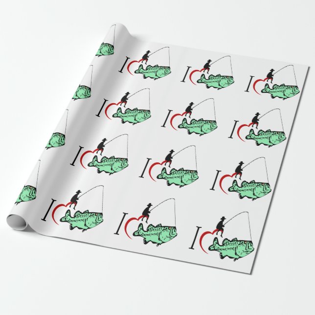 Papier Cadeau J'adore aller pêcher avec un coeur rouge (Déroulé)