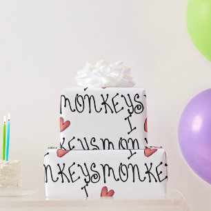 Papier Cadeau J'adore les singes, typographie manuscrite mignonn