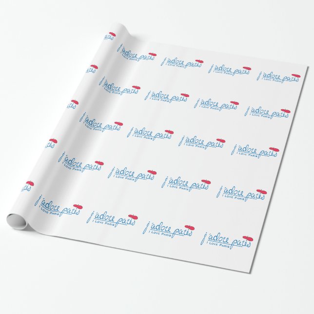 Papier Cadeau j'adore Paris (J'aime Paris) avec béret rouge (Déroulé)