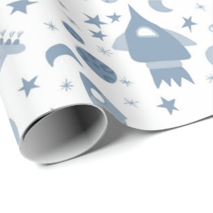 Papier Cadeau J'Ai Besoin D'Espace UFO Planètes Rocket Motif Ble