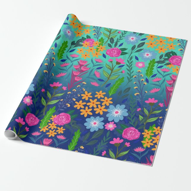 Papier Cadeau Jardin à fleurs de couleur bleue (Déroulé)