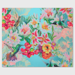 Papier Cadeau Jardin à la Monnaie Florale Turquoise Rose Pastel