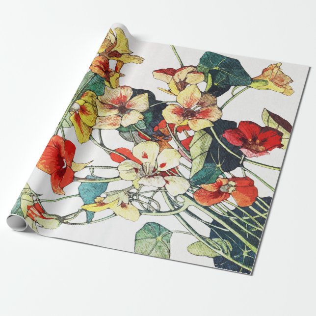 Papier Cadeau Jardin Art Nouveau Fleurs de Nasturtium (Déroulé)
