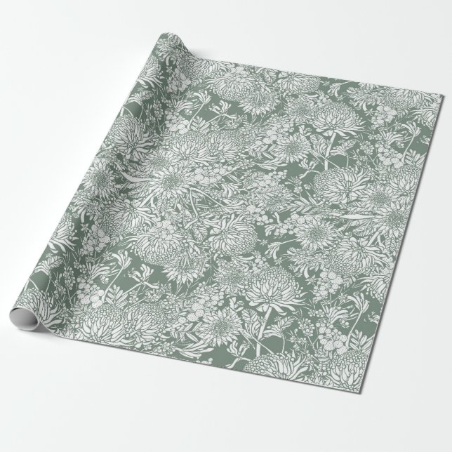 Papier Cadeau Jardin De Campagne Australien - Sage Et Blanc (Déroulé)