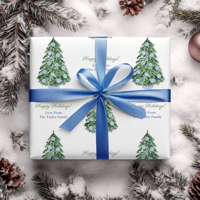 Papier Cadeau Jardin de Noël de Preppy Vert Bleu Blanc Vacances (Chinoiserie chic gift wrap design Christmas tree with blue and white ornaments and personalized text)