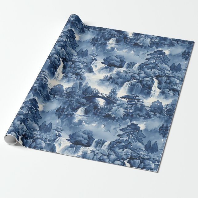 Papier Cadeau Jardin d'eau japonais en porcelaine blanche bleue (Déroulé)