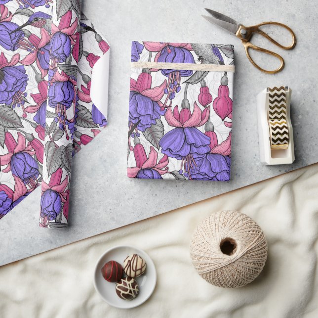 Papier Cadeau Jardin des colibris en rose et rose (Artisanat)