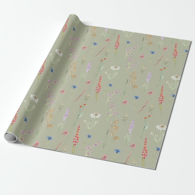 Papier Cadeau Jardin Élégant Aquarelle de Fleurs Sauvages Vert S (Déroulé)
