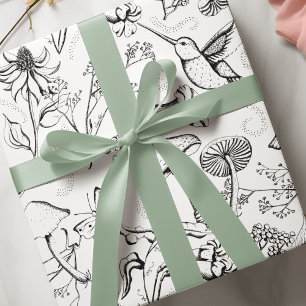 Papier Cadeau Jardin enchanté noir et blanc Colibri floral