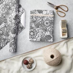 Papier Cadeau Jardin Fleur sauvage australien noir et blanc